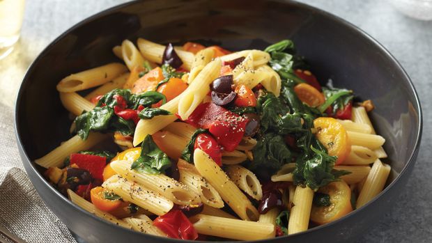 penne with blistered tomatoes and olive